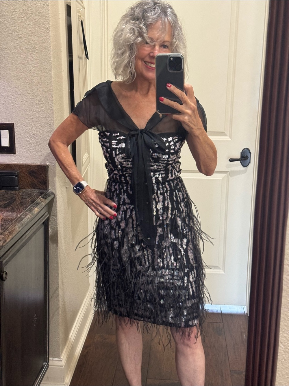 Stunning Oscar de la Renta Silk Sequined Feather Cocktail Evening Dress, sz 2